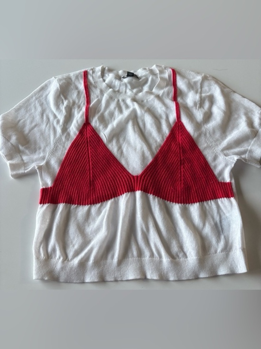 wild fable White Short Sleeve Sweater with Red Knit Bralette Overlay